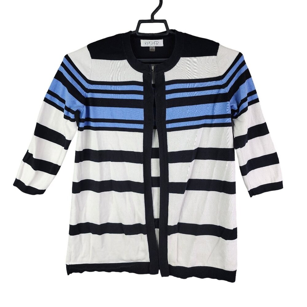 Womens Kasper Blue White Striped Open Front Cardigan Sweater 3/4 Sleeve Size M